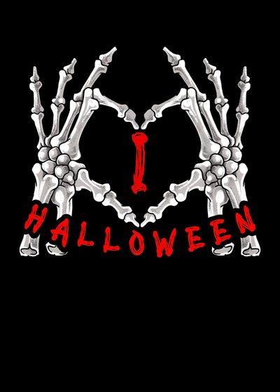 two skeleton hands making a heart shape with the word halloween in red on a black background I Love Halloween Halloween Heart, I Love Horror, Halloween Kills, I Love Halloween, black