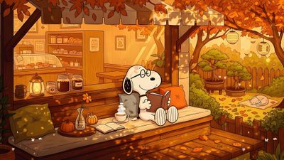 a dog sitting on a bench reading a book in front of an autumn scene with trees Snoopy Halloween Chromebook Backgrounds Desktop, Aesthetic Snoopy Fall Desktop, Study Time, Scenery, sienna