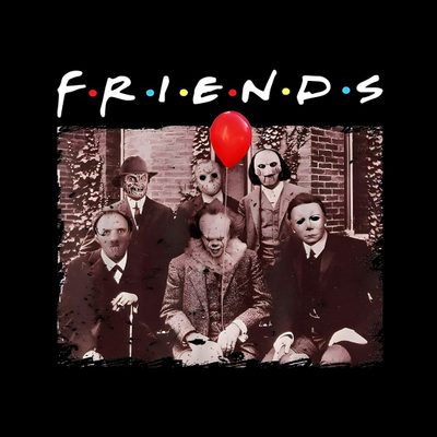 a group of people standing next to each other in front of a red balloon with the words friends on it Halloween Horror Friends Horror Movie Wall Collage, Horror Movie Friends, Horror Movie Wall Prints, black