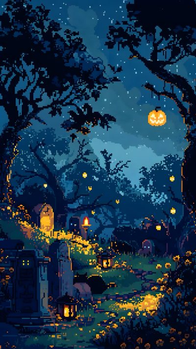 a painting of a cemetery at night with pumpkins on the ground and lights in the trees Halloween Pixel Art Pixel Art Background, Pixel Fall Background, Pixel Fall, Fall Pixel Gif, midnight blue