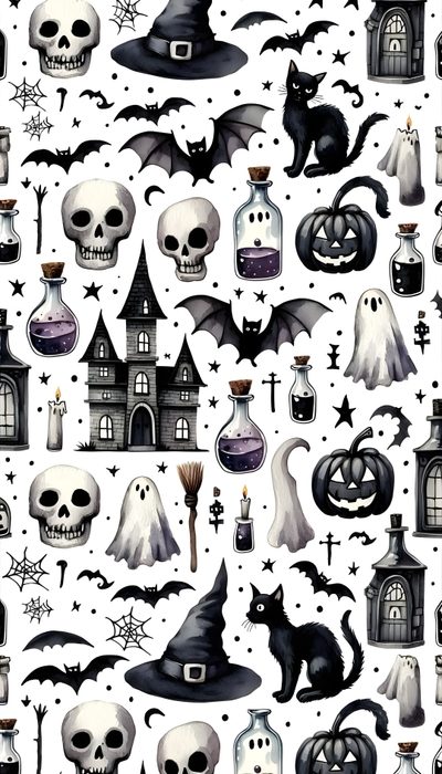 an image of halloween themed wallpaper with skulls, bats and pumpkins on it Halloween Skull And Bat Whatsapp Hd, Sticker Printable, Halloween Stickers Printable, linen