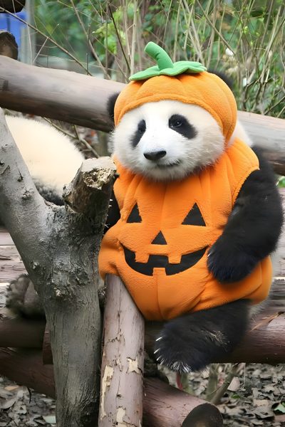 a panda bear in a pumpkin costume sitting on a tree branch and looking at the camera Halloween Panda Panda Eating Pumpkin, Autumn Panda, Fluffy Animals, Fluffy Dogs, Baby Panda Bears, dim gray