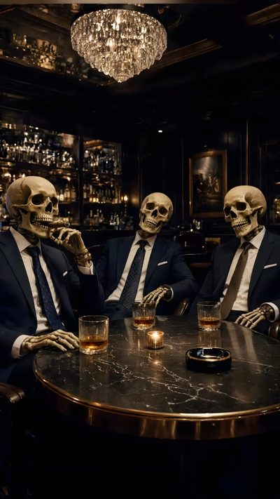 three skeletons dressed in suits sitting at a table with drinks and liquor glasses on it Halloween Skeleton Party Skeleton, Phone, black