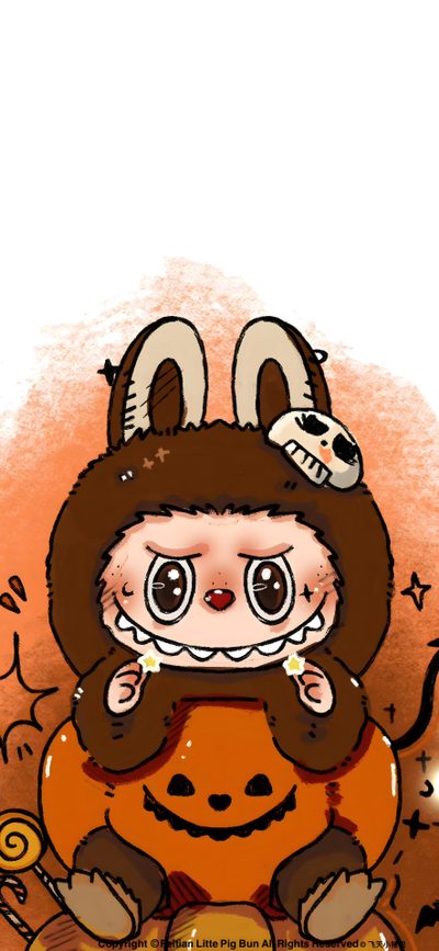 a drawing of a person wearing a bunny hat and holding a pumpkin in front of an orange background Halloween Labubu Labubu Pumpkin Painting, Halloween Labubu, Molang Halloween, dark salmon
