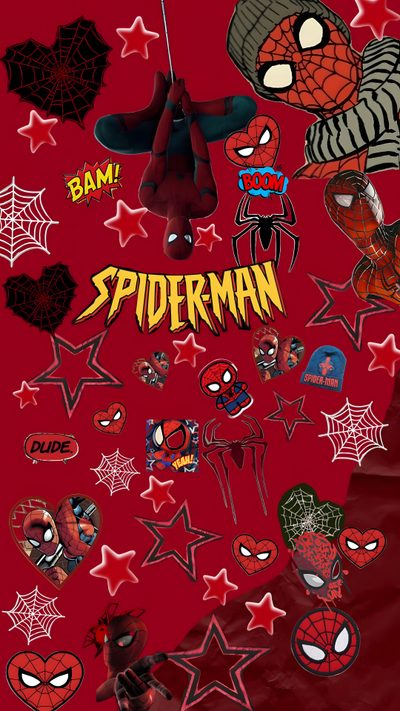 spiderman wallpaper with many stickers on the red background, and an image of various Halloween Spider Man Fantasy Aesthetic, Spiderman, dark red
