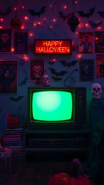 an old fashioned television with halloween decorations on the wall and a neon sign that says happy halloween Neon Aesthetic Halloween Screen Savers, Spooky Tv, Halloween Tv Background 4k, Black Light,