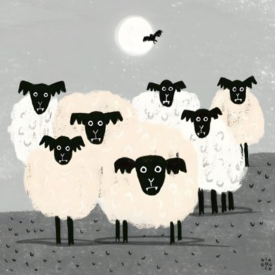 a group of black and white sheep standing next to each other on a field under a full moon Halloween Sheep Sheep And Bird Illustration, Renter Friendly, Nighttime Sheep Illustration, silver