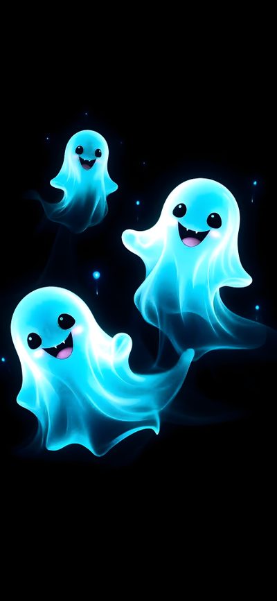 three glowing ghost like creatures with eyes and mouths Light Blue Halloween Happy Diwali, Image Halloween, Halloween Backgrounds, Halloween Facts, black