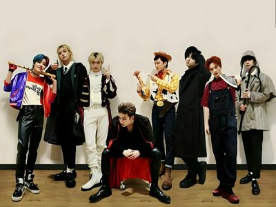 a group of young men standing next to each other in front of a white wall Stray Kids Halloween Laptop Kpop Halloween Costume, Kpop Costume, Matching Costumes, Halloween Express, gray