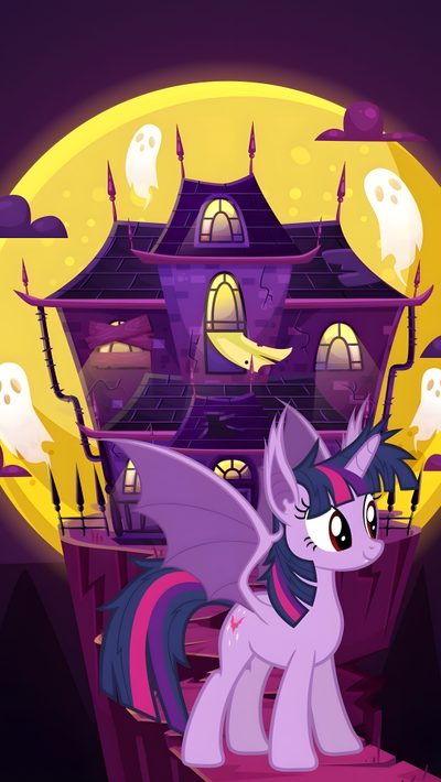 a pony standing in front of a house with ghost's on the other side My Little Pony Halloween Twilight Sparkle Halloween, Mlp Halloween, My Little Pony Halloween, purple