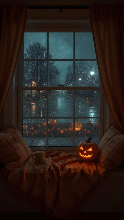 a pumpkin sitting on top of a window sill in front of a rainy night Halloween Live Spooky Halloween Pictures, Happy Halloween Pictures, Cozy Rainy Day, Halloween Gif, black