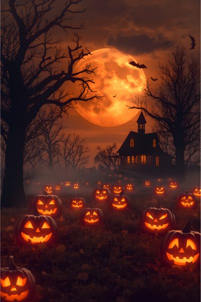 halloween pumpkins in front of a full moon Halloween For Bedroom Halloween Scenery, Glow Pumpkin, October Halloween, Holiday, dark slate gray