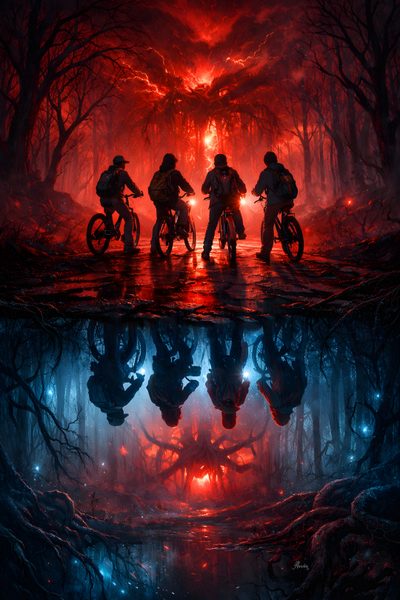 three people riding bikes in the middle of a forest with red light coming from them Stranger Things Halloween Stranger Things Photo, Stranger Things Pictures, Stranger Things, black