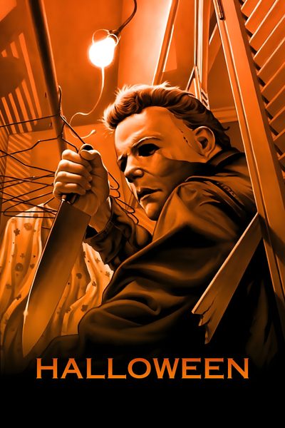 a movie poster for halloween with a man holding a knife and looking at the camera John Carpenter Halloween Halloween Original Poster, Halloween 2018 Poster, Halloween 2018 Poster Art, saddle brown