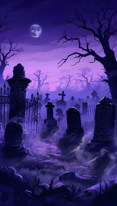 a cemetery with tombstones and trees in the background under a purple sky at night Purple And Black Halloween Halloween, Sfondi Viola, Halloween Cute, Cemetery Art, Gothic, midnight blue