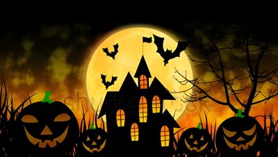 halloween pumpkins in front of a full moon with bats flying over the house and trees Halloween Laptop Gif Halloween Background Gif, Animated Haunted House Background, Halloween Haunted House Animation, black