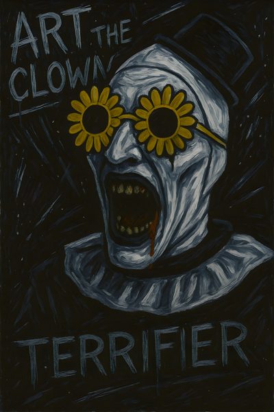 a painting of a creepy clown with sunflowers in his eyes and the words art the clown written on it Art The Clown Halloween Art The Clown Glasses, Art The Clown, Art The Clown Horror Movie, black