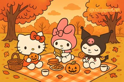hello kitty picnics in the fall with pumpkins and jack - o'- lanterns Halloween Hello Kitty For Ipad Hello Kitty Fall Ipad, Hello Kitty Rooms, Hello Kitty Items, Ipad, goldenrod