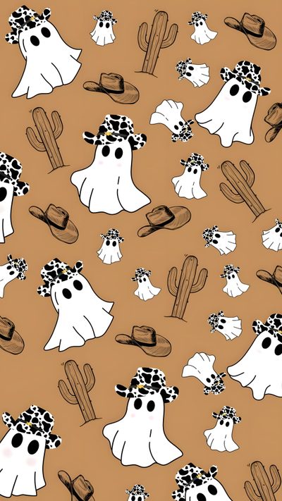 the pattern is made up of white ghost with hats and cacti Aesthetic Cute Western Halloween Western Halloween Iphone, Western Spooky, Halloween Western, peru