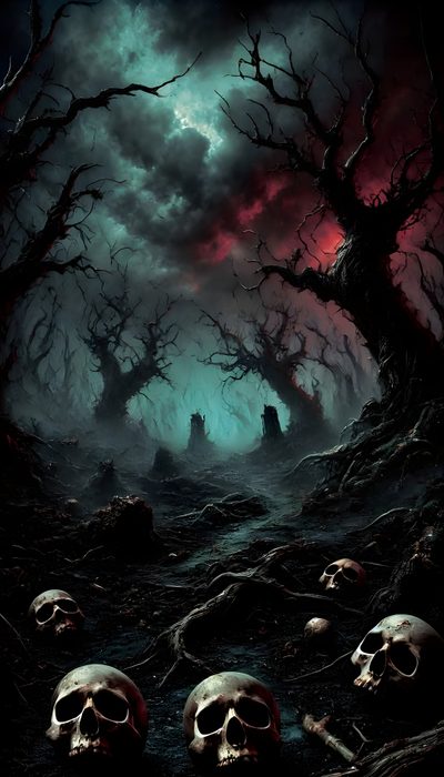 a group of skulls sitting in the middle of a forest under a full moon filled sky Horror Background With Scary Monster Halloween Spooky Aesthetic Scary, Horror Scenery, Horror Background Images, black