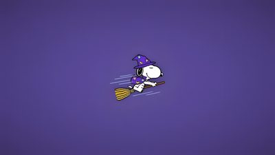 a purple background with a cartoon character on a broom flying through the air and wearing a witch's hat Snoopy Halloween Computer Snoopy Halloween Banner, Snoopy Halloween Computer, Purple Snoopy Laptop, dark slate blue