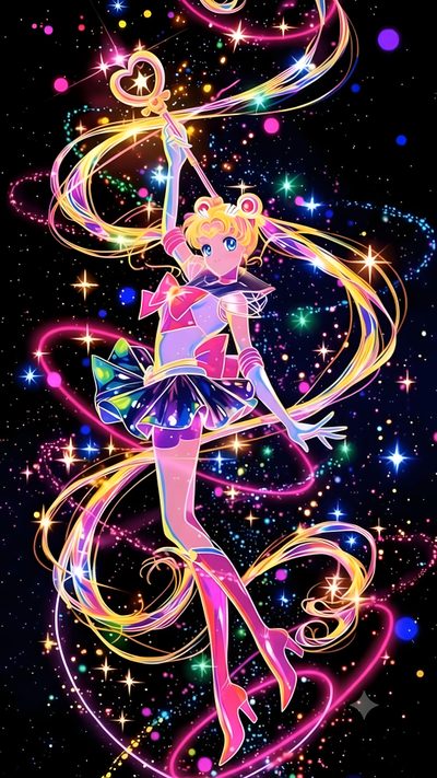 a girl in a dress with stars and swirls on her body, holding a ballerina Sailor Moon Halloween Sailor Moon Lock Screen, Sailor Moon Hd, Sailormoon, 90s Anime, black