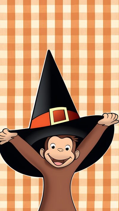 a monkey wearing a witches hat on top of a checkered tablecloth with an orange and black background Halloween Curios George Curious George, Phone Backgrounds, Cute, Cute Animals, Drawings, sandy brown