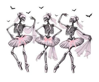 three skeleton dancers in pink tutu skirts with bats flying around the dance pose on white background Halloween Ballerina Halloween Ballet Art, Halloween Party Decoration Ideas, Pink Skeleton Dance Illustration, white