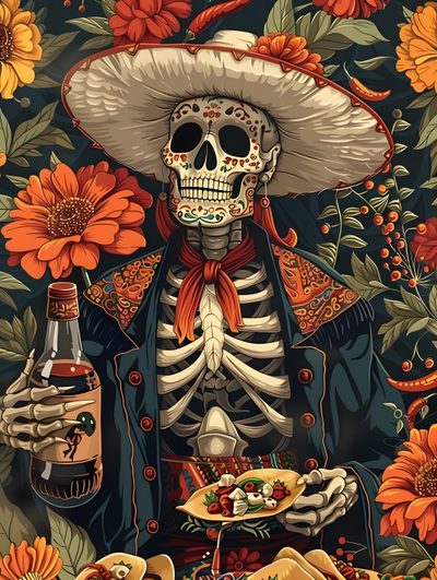 a skeleton with a mexican hat holding a plate of food in front of sunflowers Mexican Halloween Hispanic Skull Art, Mexican Skull Painting, Los Muertos Art, dark olive green