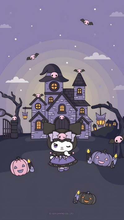 an animated halloween scene with pumpkins and witches Halloween Cute Kuromi Halloween Halloween Cute Kuromi Halloween, Aesthetic Sanrio Halloween, Cute Kuromi Halloween, light slate gray