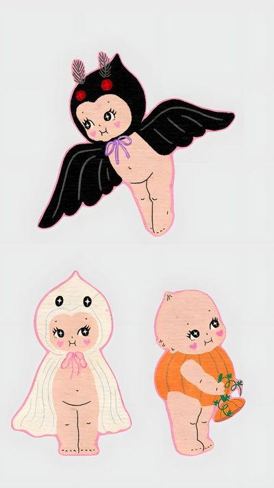 three little angels with black wings and pink bodysuits, one is holding a flower Kewpie Halloween Halloween Series, Halloween Baby, Watch, Apple Watch, Baby Halloween, gainsboro