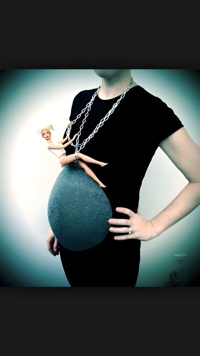 an image of a woman holding a baby bump in her belly with the caption, miley cryus wrecking ball Wrecking Ball Halloween Funny Pregnant Costumes, Costume Ideas For Pregnant Women, Pregnant Lady Halloween Costumes, black