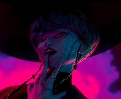 a woman wearing a black hat and holding her hand up to her mouth while standing in front of a purple background Baby Saja Halloween Kpop Demon Hunters Photo, Baby From Demon Hunters, Baby From Kpop Demon Hunters, black
