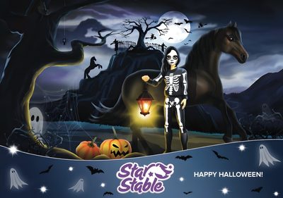 a halloween scene with a skeleton on a horse Star Stable Halloween 4k Sso Halloween, Skeleton Horse Stable, Star Stable Fall Background, dark slate gray