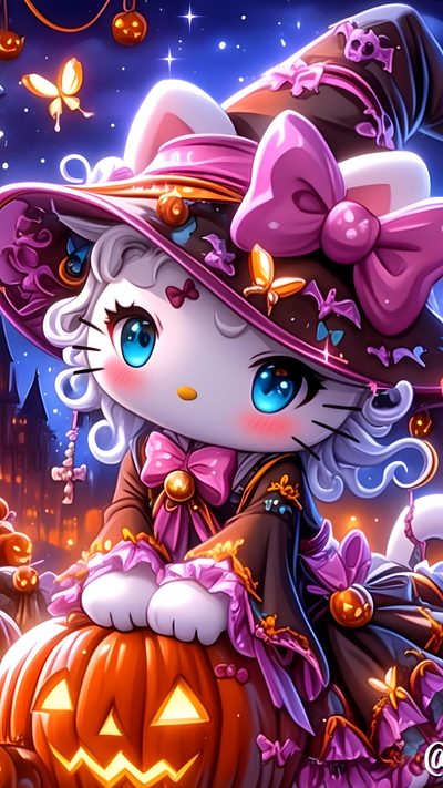 a cat in a witches hat sitting on top of a pumpkin Halloween With Hello Kitty In A Hat Halloween Kitty, Cute Hello Kitty Halloween, Halloween Hello Kitty, dim gray