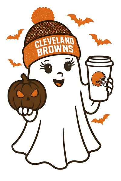 a halloween ghost holding a cup of coffee and wearing a cleveland browns knitted hat Halloween Nfl School Fits, Sublimation Ideas Projects Inspiration, Cleveland Browns, Cleveland, snow