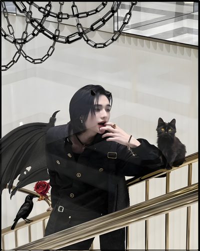 a woman with black hair standing next to a cat on a stair case and looking at the camera Hyunjin Halloween Happy Halloween, Halloween, dark gray