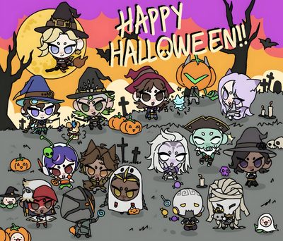 an animated halloween scene with many different characters Overwatch Halloween Halloween Genji Skin, Overwatch Pumpkin, Overwatch Halloween, gray