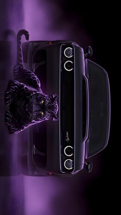 a car with the hood up is shown in front of a purple background and an image of a cat's head Halloween Hellcat Hellcat Purple, Pc Lock Screen 4k, Sport Car Art, Laptop Lock Screen Ideas, black