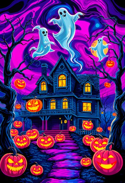 a halloween scene with pumpkins and ghost Spirit Halloween Custom Gift Wrapping, Funny, Halloween Festival, Halloween, Statement Wall, midnight blue