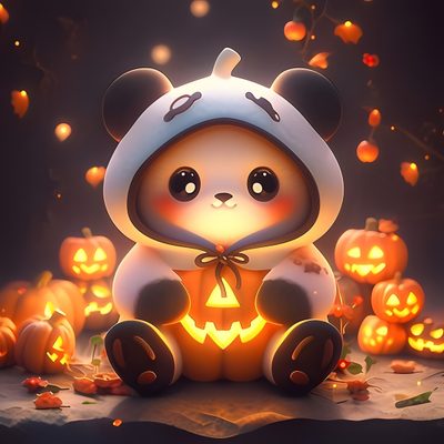 a panda bear sitting on top of a table surrounded by pumpkins Cute Halloween Panda Cozy Autumn Halloween Scene, Cute Halloween Card Inspiration, Cute Panda In Halloween Costume, dark olive green