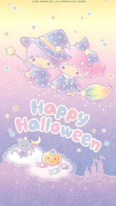 a cartoon character flying through the air with a happy halloween message in front of it Little Twin Stars Halloween Sanrio Halloween Iphone, Sanrio Halloween, Halloween Kawaii, gainsboro
