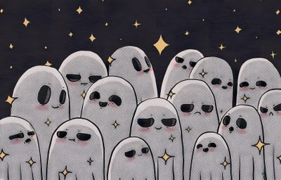 a group of ghost like people standing in front of stars Cute Halloween Laptop Ghost Aesthetic Laptop, Ghost Desktop Aesthetic, Ghost Computer, Ghost Laptop, gray