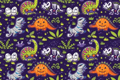 an image of halloween fabric with dinosaurs and pumpkins on purple, green and orange colors Halloween Dinosaur Hd Colorful Spooky Dinosaur Art, Dinosaur Halloween Pattern Design, Diy Halloween Party Decor, midnight blue