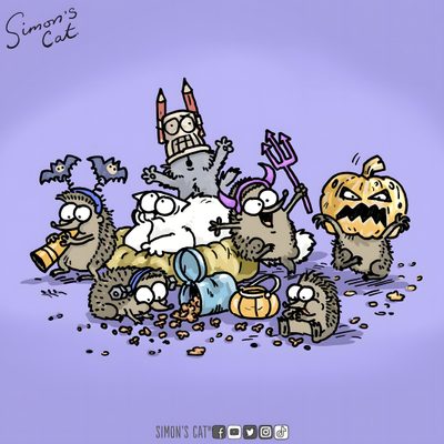 an image of some cartoon characters in the middle of a pile of trash and pumpkins Simons Cat Halloween Hd Simons Cat Halloween, Simons Cat Spider, Simons Cat International Cat Day, light steel blue