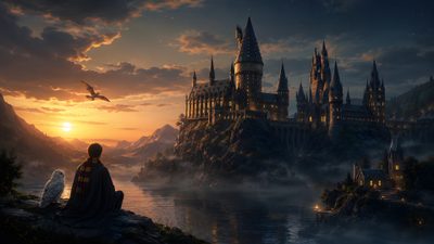 a man sitting on the edge of a cliff overlooking a castle at sunset with an eagle flying over it Hogwarts Halloween Desktop 1920x1080 Harry Potter 4k, Harry Potter Laptop, Harry Potter Computer, dark slate gray
