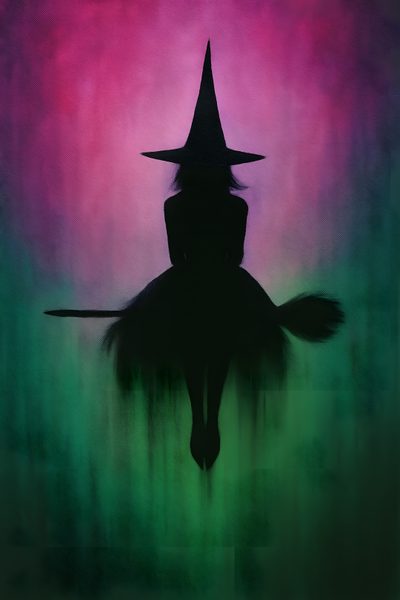 the silhouette of a person wearing a witches hat and sitting on a horse in front of an aurora bore Wicked Halloween Halloween Decoration Ideas, Halloween Witch Silhouette Art, Pink And Green Witch Background, dark slate gray