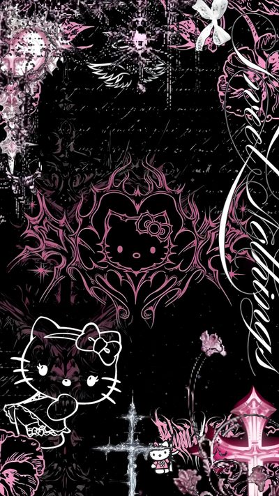 a black and pink wallpaper with hello kitty on it's back ground, Black And Pink Halloween Astedic, Black Glitter Hello Kitty, Background Hello Kitty,