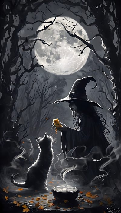 a painting of a witch and her cat Halloween Witch Cats Custom Witch Pictures Halloween, Dog Paw Tattoo, Witch Pictures, dark slate gray