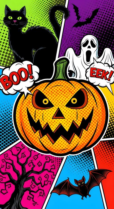 an image of halloween pumpkins with bats and cats on them in pop art style Halloween Comic Elvira Movies, Halloween, Aesthetic Backgrounds, Aesthetic Design, Design, saddle brown